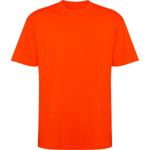 An oversized t-shirt in bright orange with short sleeves and a simple design, featuring a logo.