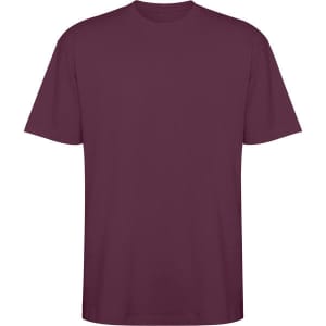 A burgundy oversized T-shirt with short sleeves and a round neckline, featuring a branding logo.