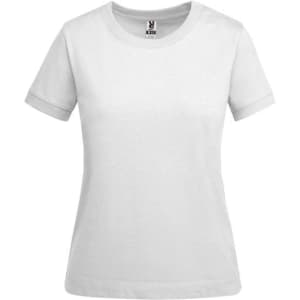 A white women's t-shirt with a classic crew neck and short sleeves, featuring a logo on the inside label.
