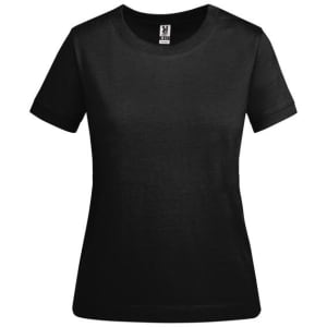 A black women's t-shirt with short sleeves and a round neck. The shirt has a logo on the label.