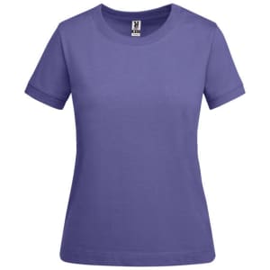 A purple women's t-shirt with short sleeves, featuring a simple design and a logo on the label.