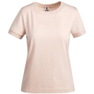 A light pink women's t-shirt with a crew neck and short sleeves, featuring a logo on the label.