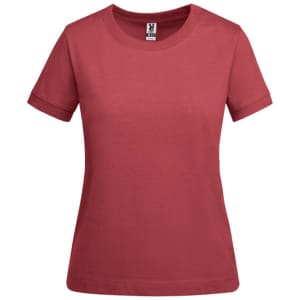 A red women's t-shirt with short sleeves and a round neckline. The shirt features a logo at the collar.