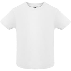 A white youth t-shirt with a round neck and short sleeves. It features a small logo at the neck.