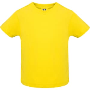 A yellow youth t-shirt with a classic crew neckline and short sleeves. It features a logo on the back.