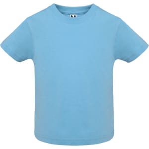 A light blue youth t-shirt with a round neckline and short sleeves, featuring a logo tag.