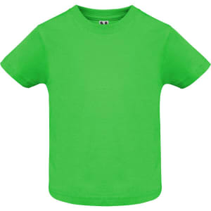 A bright green youth T-shirt, featuring a round neck and short sleeves. It has a branding logo on the tag.