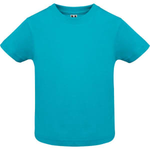 A turquoise baby t-shirt featuring a crew neckline and short sleeves; includes a logo.
