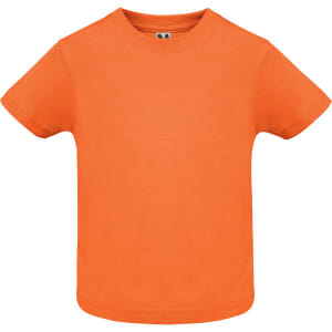 An orange youth t-shirt with a classic crew neck design and short sleeves. It features a logo.