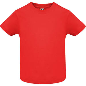 A red youth t-shirt with short sleeves and a round neckline, featuring a logo on the inner tag.