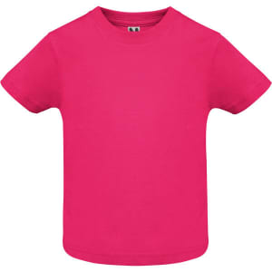 A bright pink baby T-shirt with a crew neckline and short sleeves. It features a small logo on the left side.