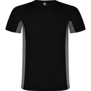 A black T-shirt with grey side panels, featuring a logo on the neckline. Suitable for casual wear.