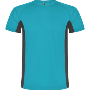 A turquoise T-shirt featuring black side panels and a logo on the neckline.