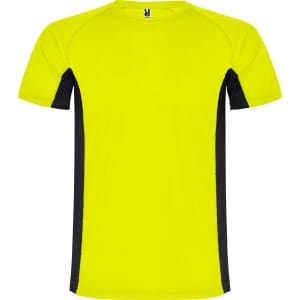 A vibrant yellow T-shirt with black side panels and a logo on the neckline. Suitable for casual wear.