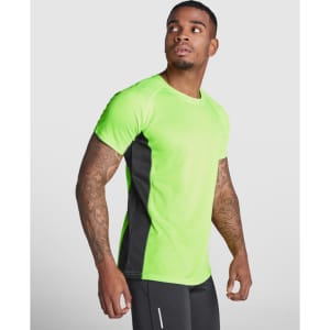 A bright green T-shirt with black side panels displayed on a model, featuring a logo on the front.