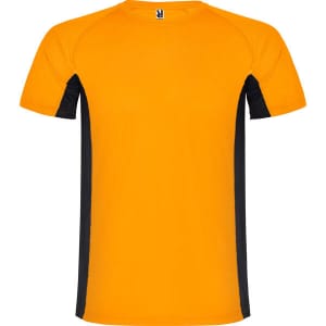 An orange T-shirt featuring black side panels and a logo on the neckline.
