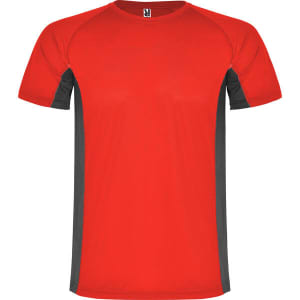 A red T-shirt with grey side panels and a logo. It features a round neck and short sleeves.