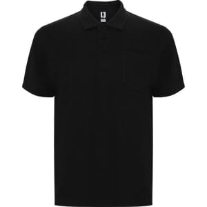 A black polo shirt featuring a collar, short sleeves, and a pocket on the left chest. The shirt has a logo.