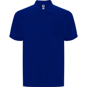 A navy blue polo shirt with a classic collar and a chest pocket, featuring a logo.
