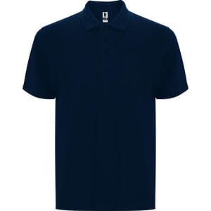 A navy blue polo shirt featuring a collar, short sleeves, and a chest pocket. It has a logo on the label.