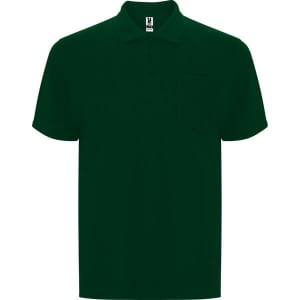A dark green polo shirt with a collar and a pocket on the left chest. It has a logo on the label.