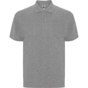 A grey polo shirt with a collar and a single chest pocket. It features a logo on the neck label.