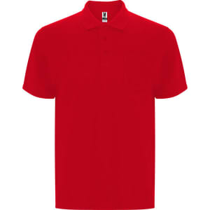 A red polo shirt featuring a collar, short sleeves, and a pocket on the front. The shirt has a logo.