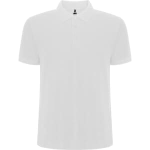 A white polo shirt with a classic collar and three buttons, featuring a logo on the inner neck.