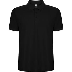 A black polo shirt with a collar and buttons, featuring a logo on the collar.