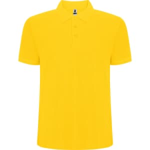 A yellow polo shirt with a collared neckline and three-button placket. It also features a logo on the collar.