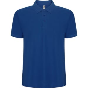 A blue polo shirt with a collar and three buttons, featuring a logo on the neckline.
