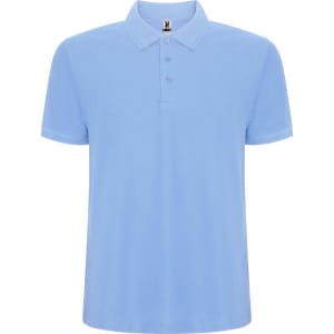 A light blue polo shirt with a collar and three buttons, featuring a logo on the upper side.