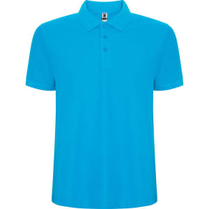 A blue premium polo shirt with a collar and three buttons, featuring a logo on the tag.