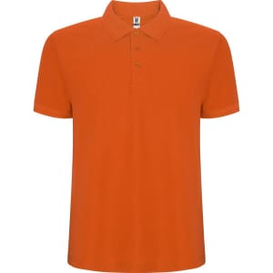 An orange polo shirt with a classic collar and three buttons, featuring a logo on the label.