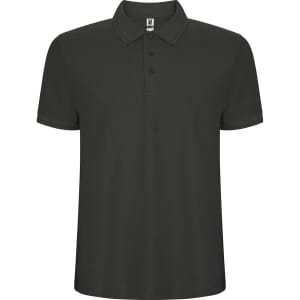 A black polo shirt featuring a standard collar, three buttons, and a logo on the neckline.