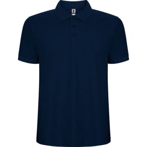 A navy polo shirt featuring a collar and three buttons, with a logo on the chest.