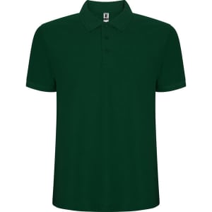 A dark green polo shirt with a classic collar and three buttons, featuring a logo on the label.