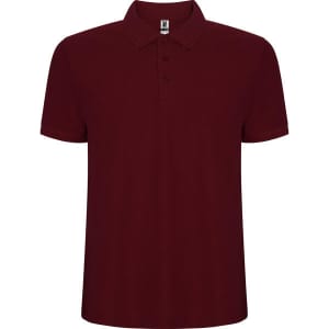 A burgundy polo shirt featuring a classic collar, three buttons, and a logo on the label.