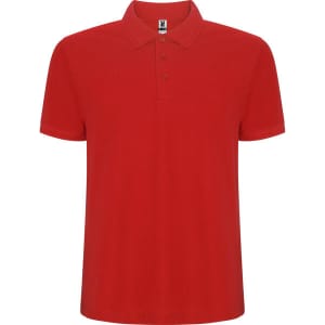 A red polo shirt with a classic collar and three-button placket, featuring a logo on the neckline.