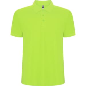 A bright lime green polo shirt featuring a collar and short sleeves, with a branding logo.