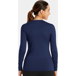 A fitted long-sleeved tee in navy blue, featuring a back view with a sleek design and branding.