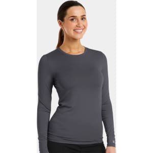 A long-sleeved, grey underscrub tee with a fitted design, featuring a branding logo on the sleeve.