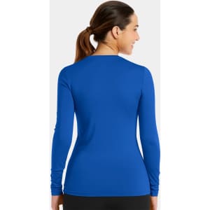 A long-sleeve women's tee in bright blue, featuring a fitted design and a logo on the back.