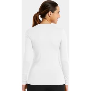 A long-sleeve white underscrub tee featuring a fitted design and a logo on the back.