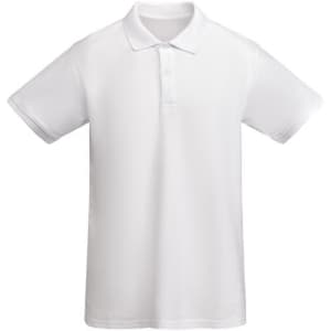 A white polo shirt with a collared neck and short sleeves, featuring a logo.