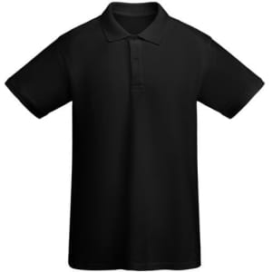 A black polo shirt with a collared neckline and short sleeves, featuring a logo.