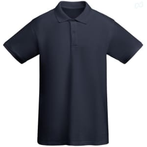 A navy blue polo shirt with a collar and short sleeves, featuring a logo.