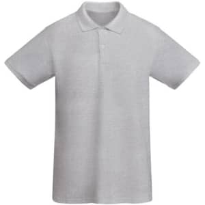 A grey polo shirt with short sleeves and a collar, featuring a logo.