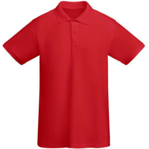 A red polo shirt with a collar and short sleeves, featuring a logo on the chest.