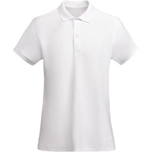 A white women's polo shirt with a collar and short sleeves, featuring a logo on the chest.
